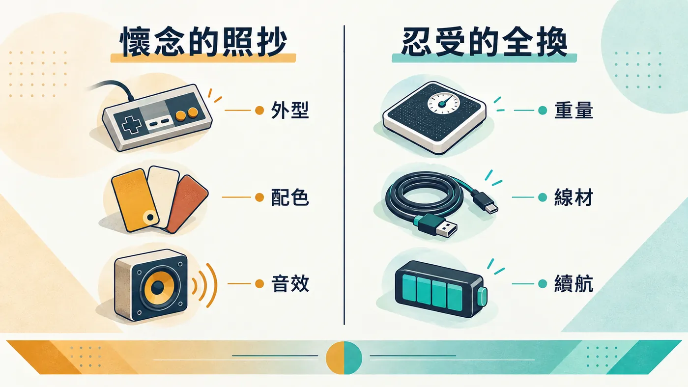 兩欄對照。左欄暖色是外型、配色、音效，標示懷念的照抄；右欄冷色是重量、線材、續航，標示忍受的全換