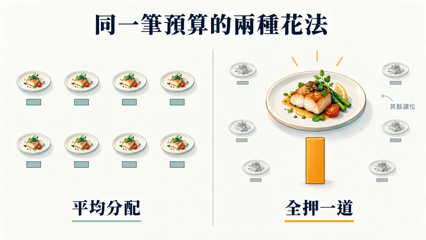 左邊八道菜各分到一小份預算沒有一道突出，右邊同樣預算全押在一道菜上其餘讓位