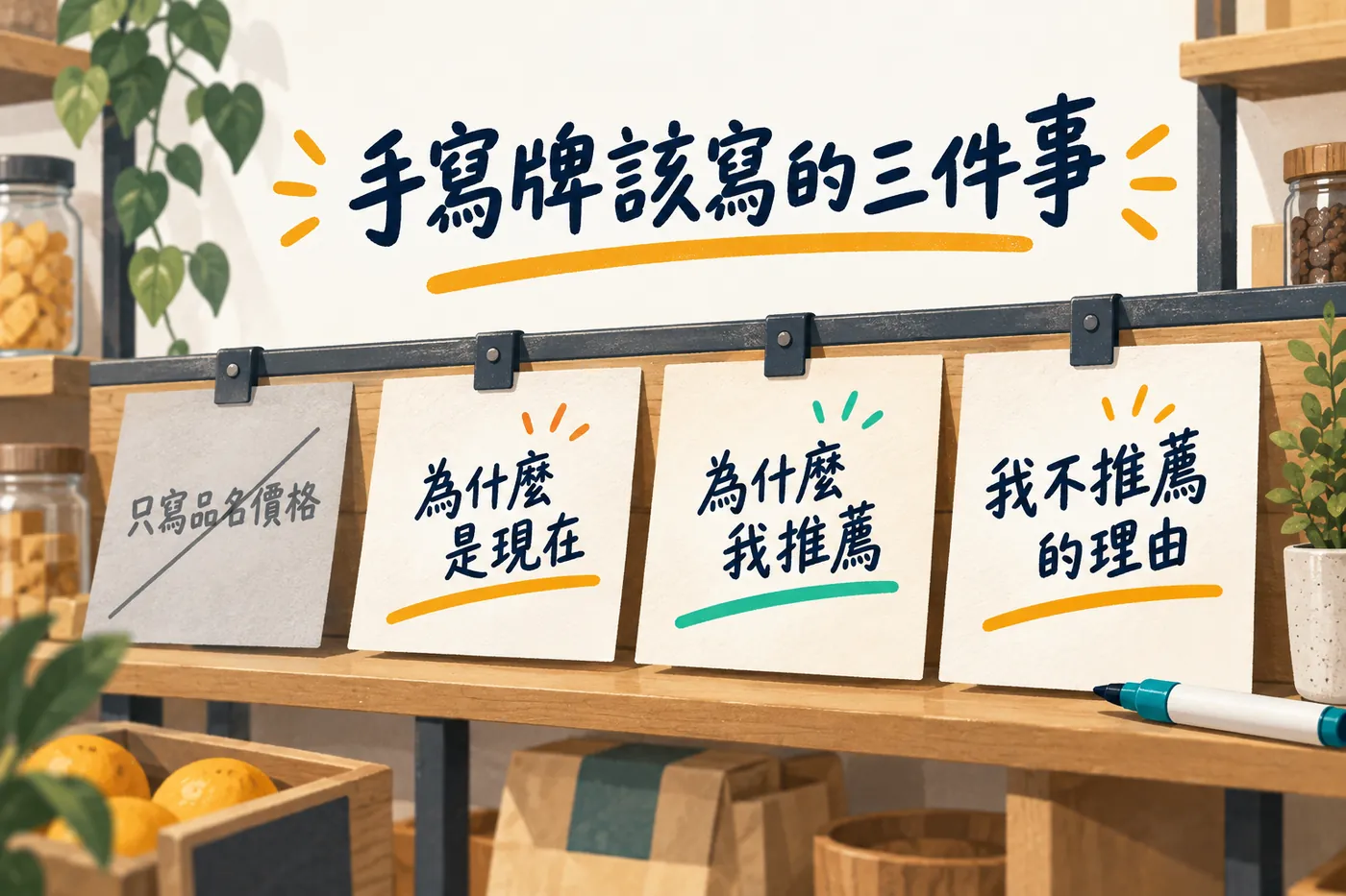 三張手寫牌的對照。第一張只有品名價格被打叉，第二張寫為什麼是現在，第三張寫為什麼我推薦，第四張寫不推薦的理由