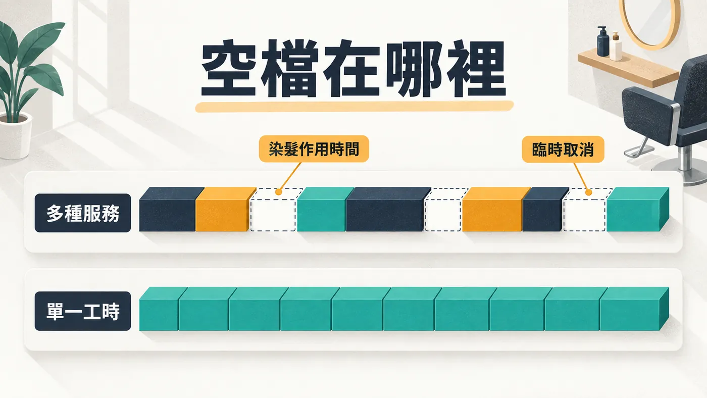 上方一條被染髮作用時間與臨時取消切出多個空洞的班表，下方同一條班表用固定三十分鐘的單一服務把空洞填滿