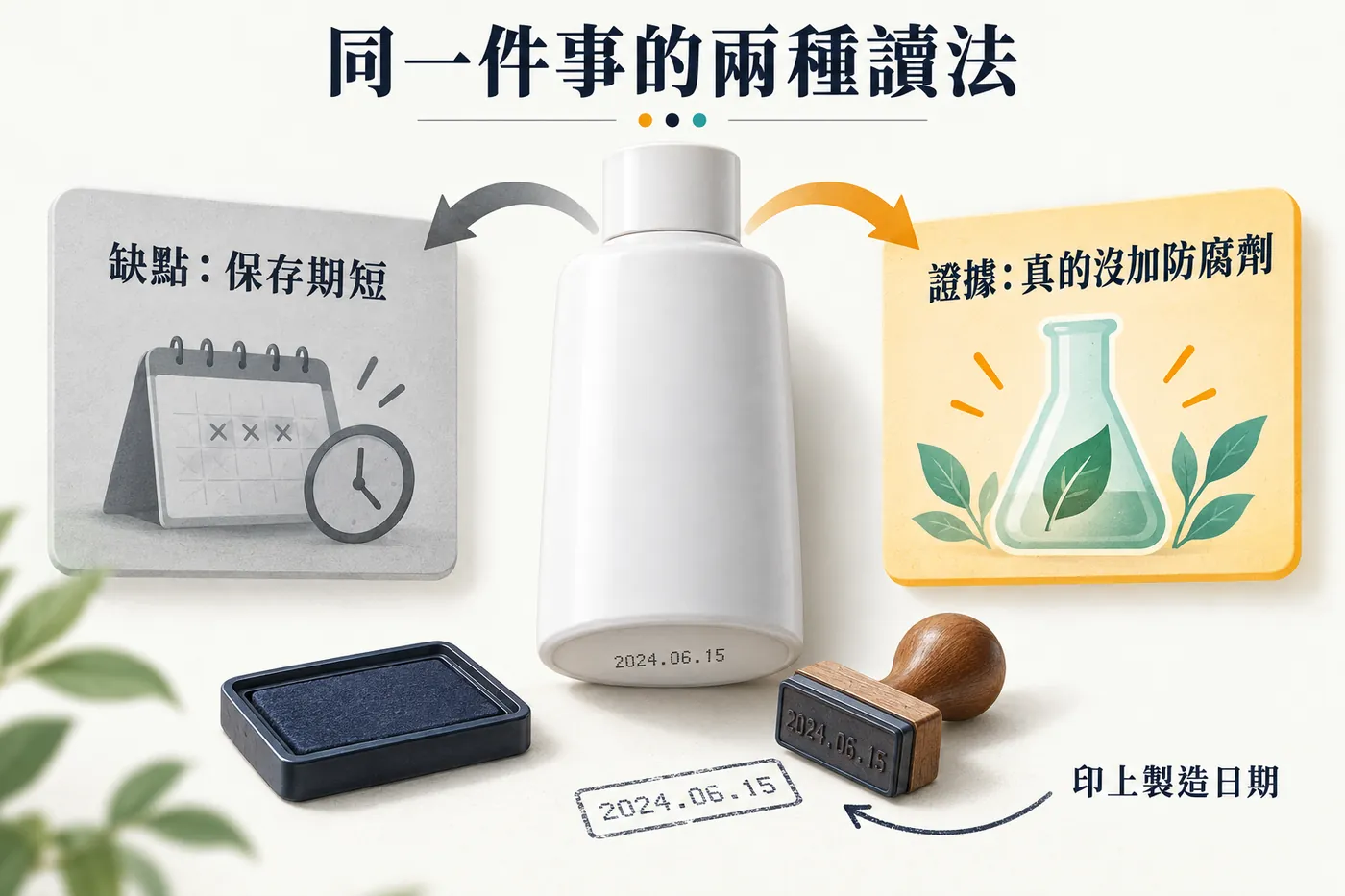 一個瓶子與兩個箭頭。往左的箭頭指向缺點寫著保存期短，往右的箭頭指向證據寫著沒加防腐劑，中間是一枚日期戳章