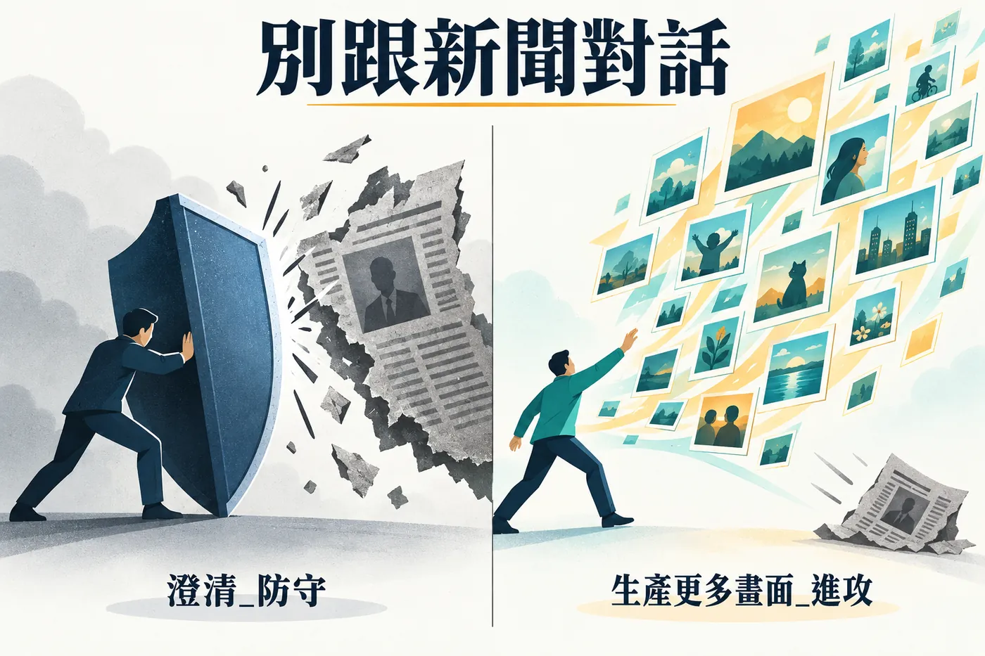 左邊是澄清稿與負面新聞正面對撞的防守姿態，右邊是全民拍攝的真實畫面淹過新聞畫面的進攻姿態