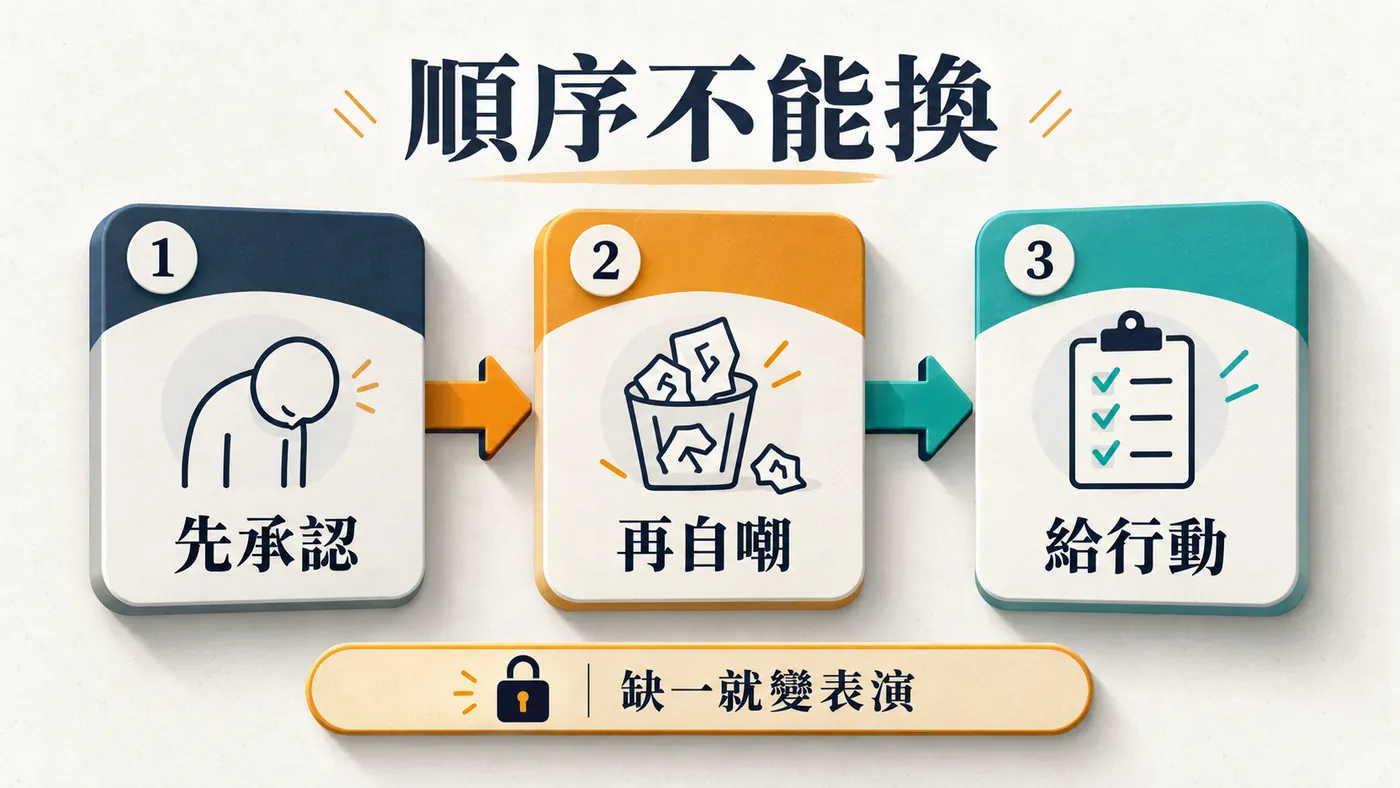 三個依序相連的步驟卡：先承認、再自嘲、最後給可查證的行動，下方標示三者缺一不可與順序不能顛倒