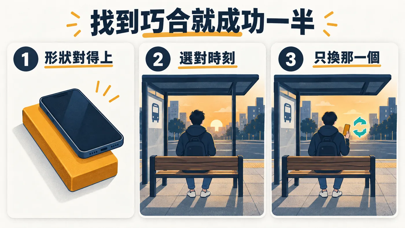 三格流程：先找到產品與日常物件的形狀巧合、再選那個物件最常出現的時刻、最後在畫面裡把它替換掉其餘不動