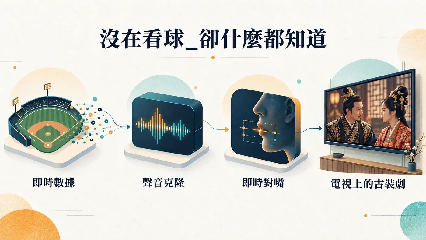 由左至右的資料流：球賽即時數據進入系統，經過聲音克隆與即時對嘴，輸出成電視上古裝角色的播報