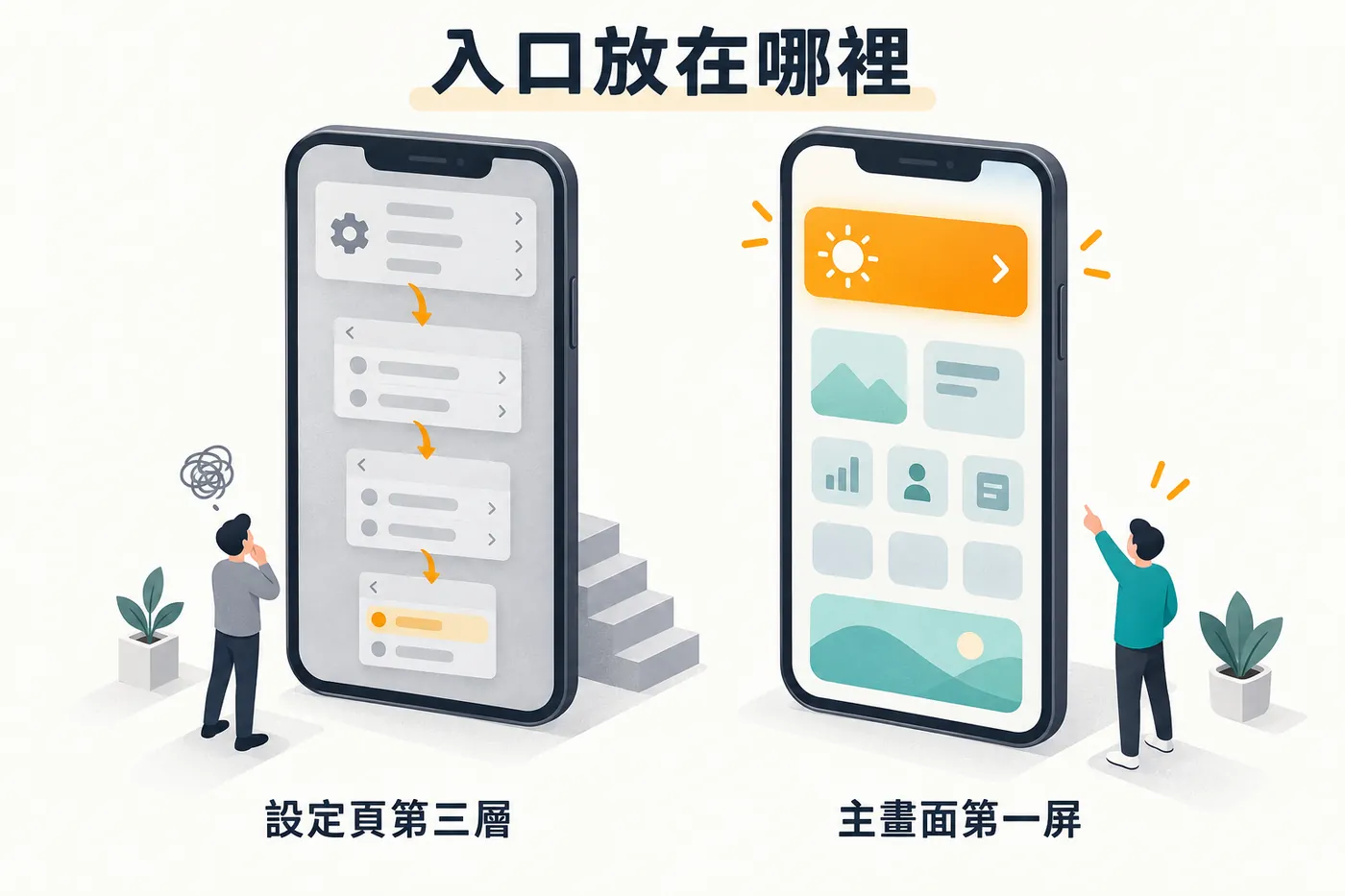 兩個手機畫面對照。左邊邀請功能藏在設定頁的第三層，右邊直接放在主畫面第一屏