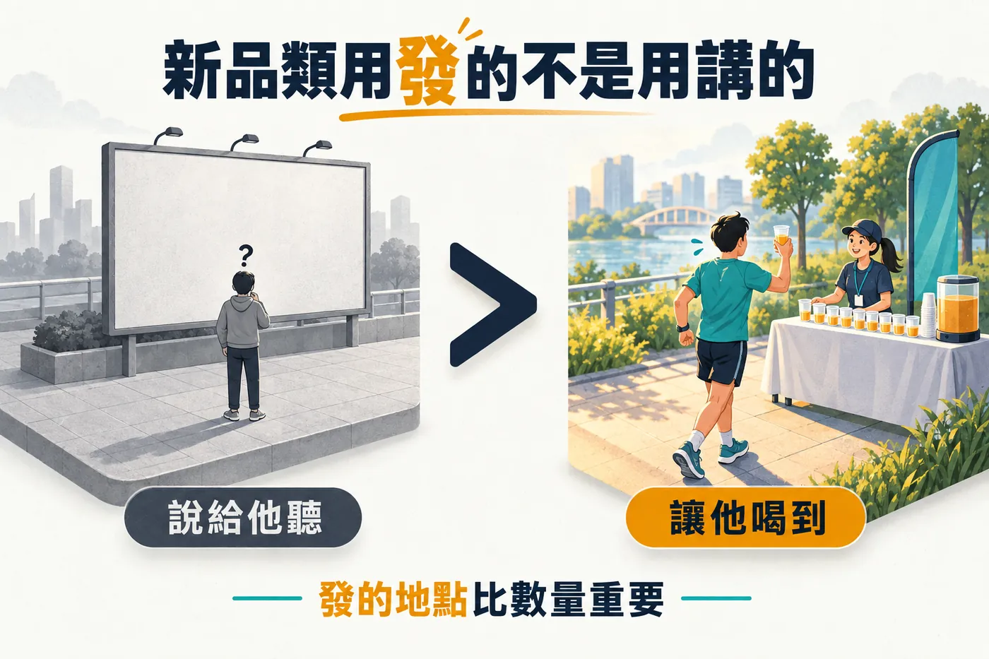 左邊廣告看板前的人一臉疑惑，右邊在運動流汗當下拿到試飲的人直接喝下，中間是一個大於符號