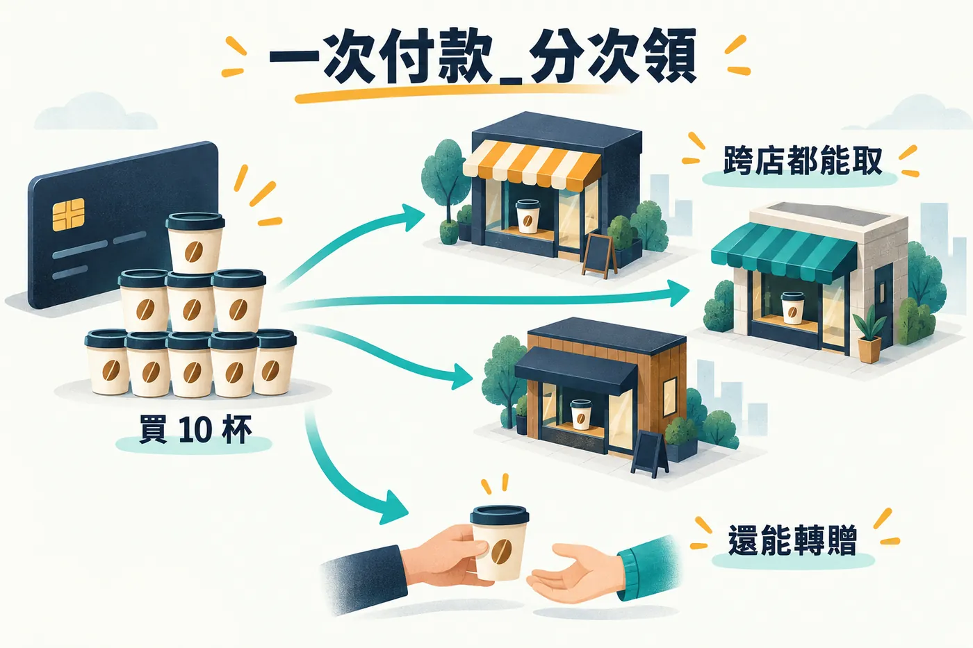 一次付款買下多份，之後在不同門市分次領取，剩餘份數還可以轉贈給別人