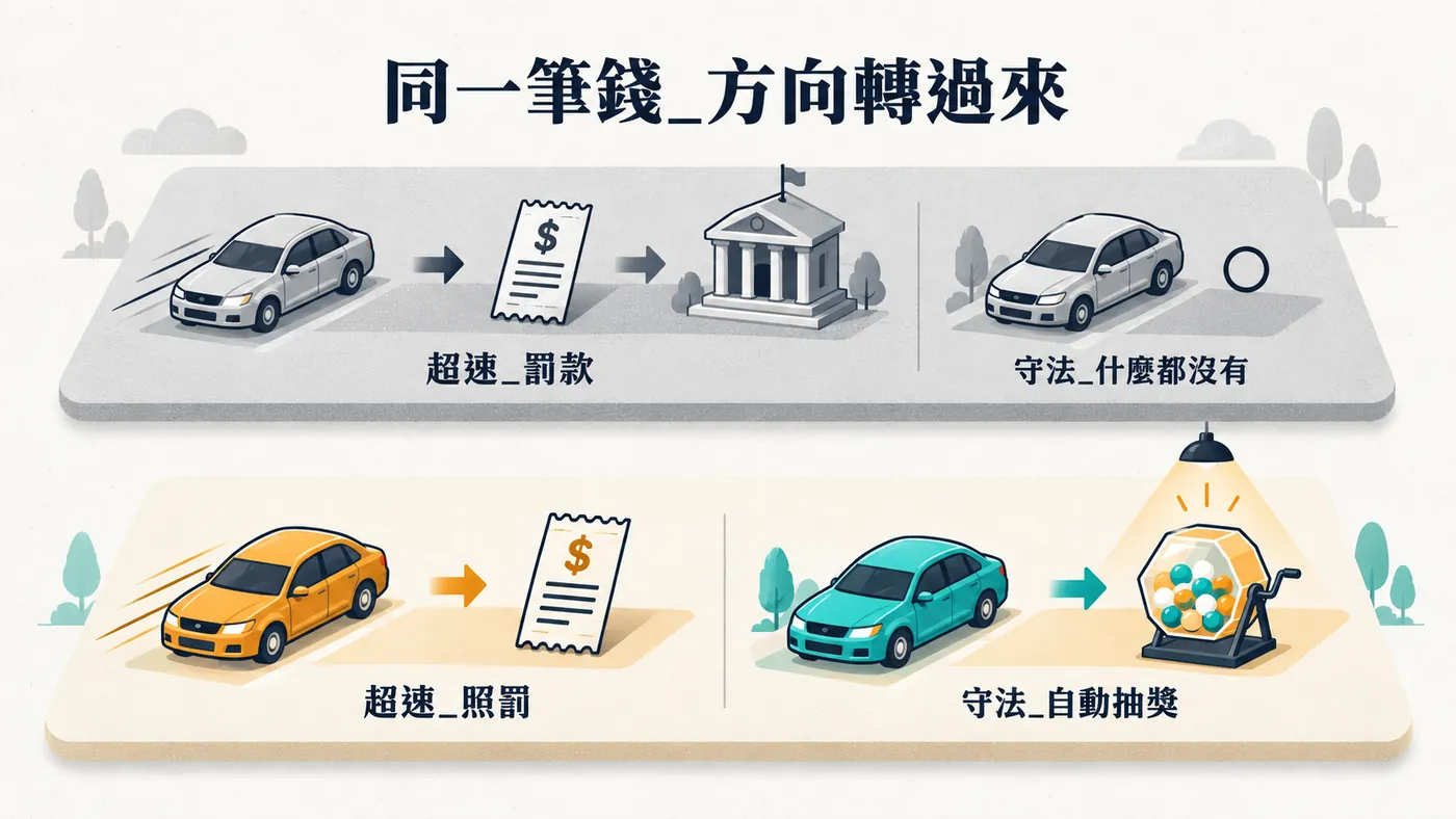 上路是傳統做法：超速者繳罰金給政府，守法者什麼都沒有。下路是翻轉版：超速照罰，守法者自動進入抽獎