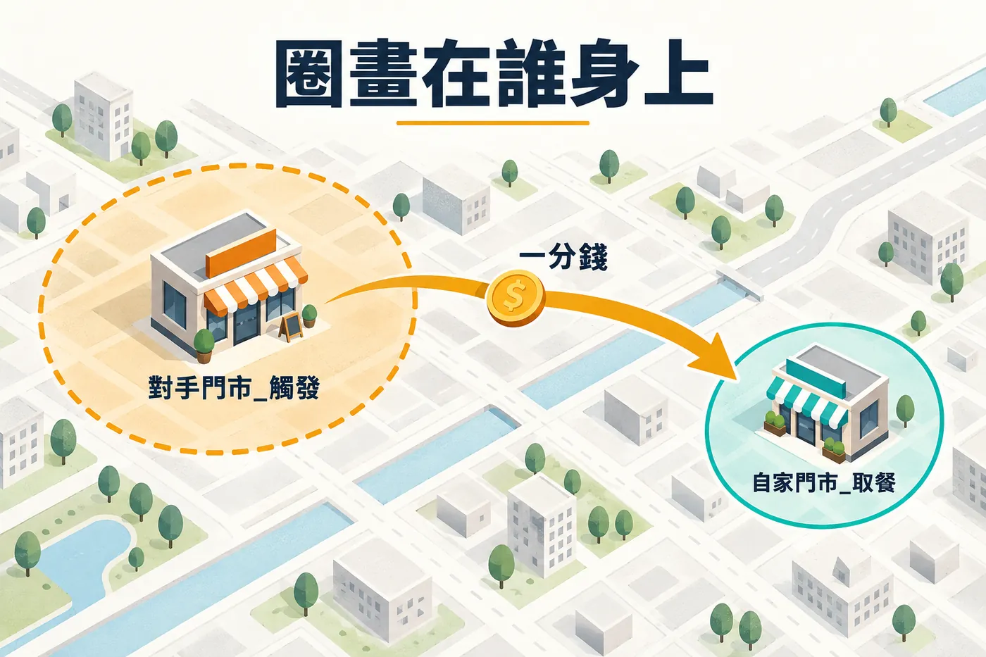 地圖上兩個圓形範圍，紅圈畫在對手門市周圍標示觸發區，藍圈是自家門市標示取餐點，一條箭頭從紅圈走向藍圈